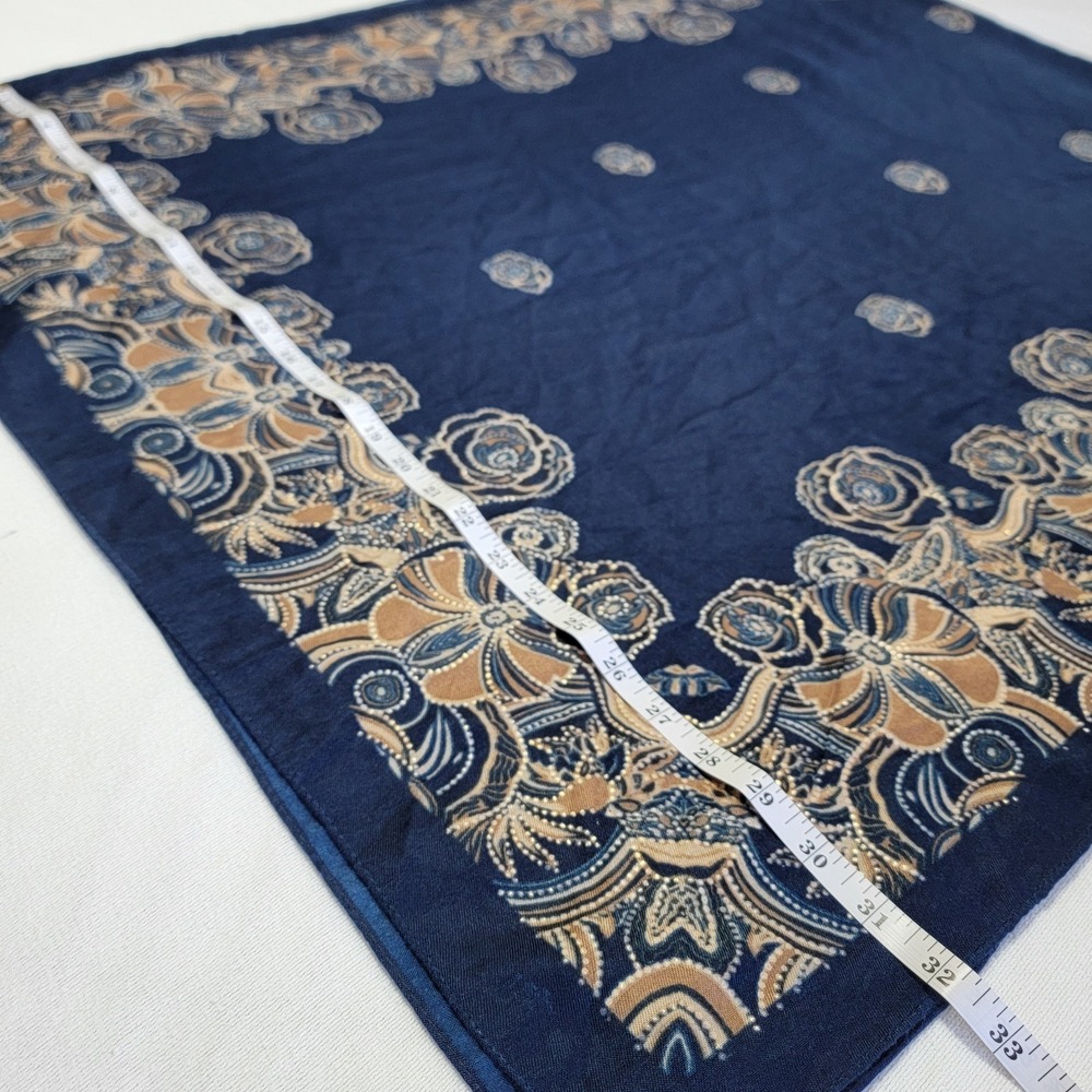 Vintage Navy Blue Large XL Scarf 72"/32" Brown Gold Roses Soft Fabric Romantic - Picture 6 of 8